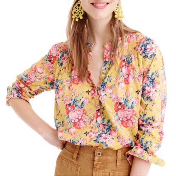 J Crew Liberty London Magical Bouquet Popover Blouse Yellow Floral Roses Pintuck - Picture 9 of 10